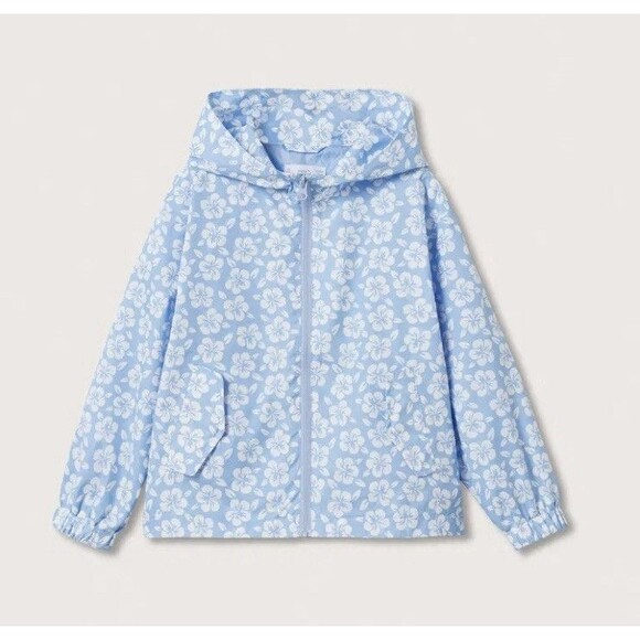 Mango Other - MNG By Mango Girls Jacket Lightweight Windbreaker Sz 8 Hooded Blue Floral